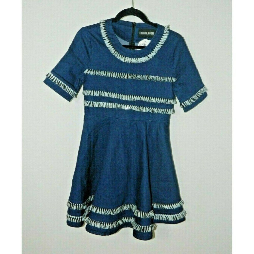 Pixie Market Dress Denim Blue Jean with Fringes Skater Dress Size Small‎